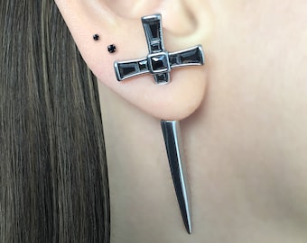 Sword Ear Jacket, Black & Red CZ, Gothic Earrings