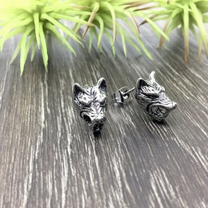 Wolf earrings, Wolf studs, wolf jewelry, stainless steel earrings, gothic jewelry, gothic earrings, fantasy jewelry