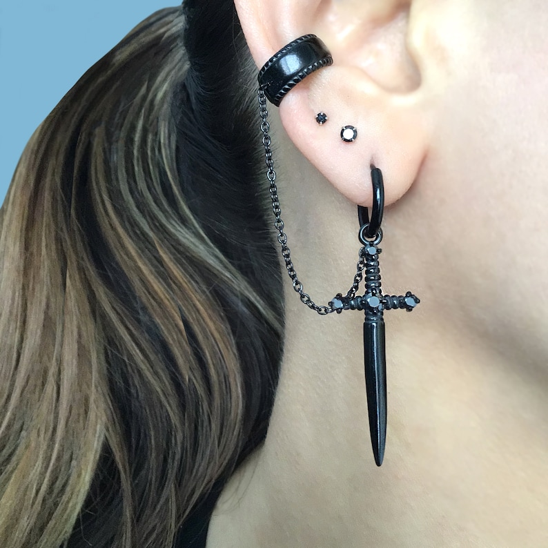 Sword earring with Ear cuff , dagger earring, sword hoop earring, hoop with cuff, gothic earring, ear cuff, earring with ear cuff, sword image 2