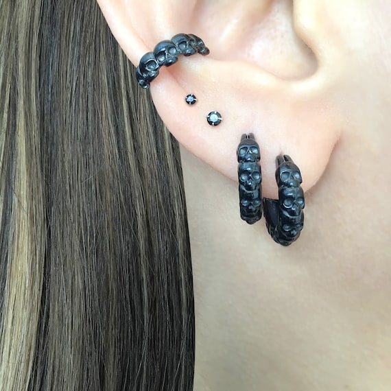 Oxidized Skull Hoop Earrings, Hoop Earrings, Huggie Earrings