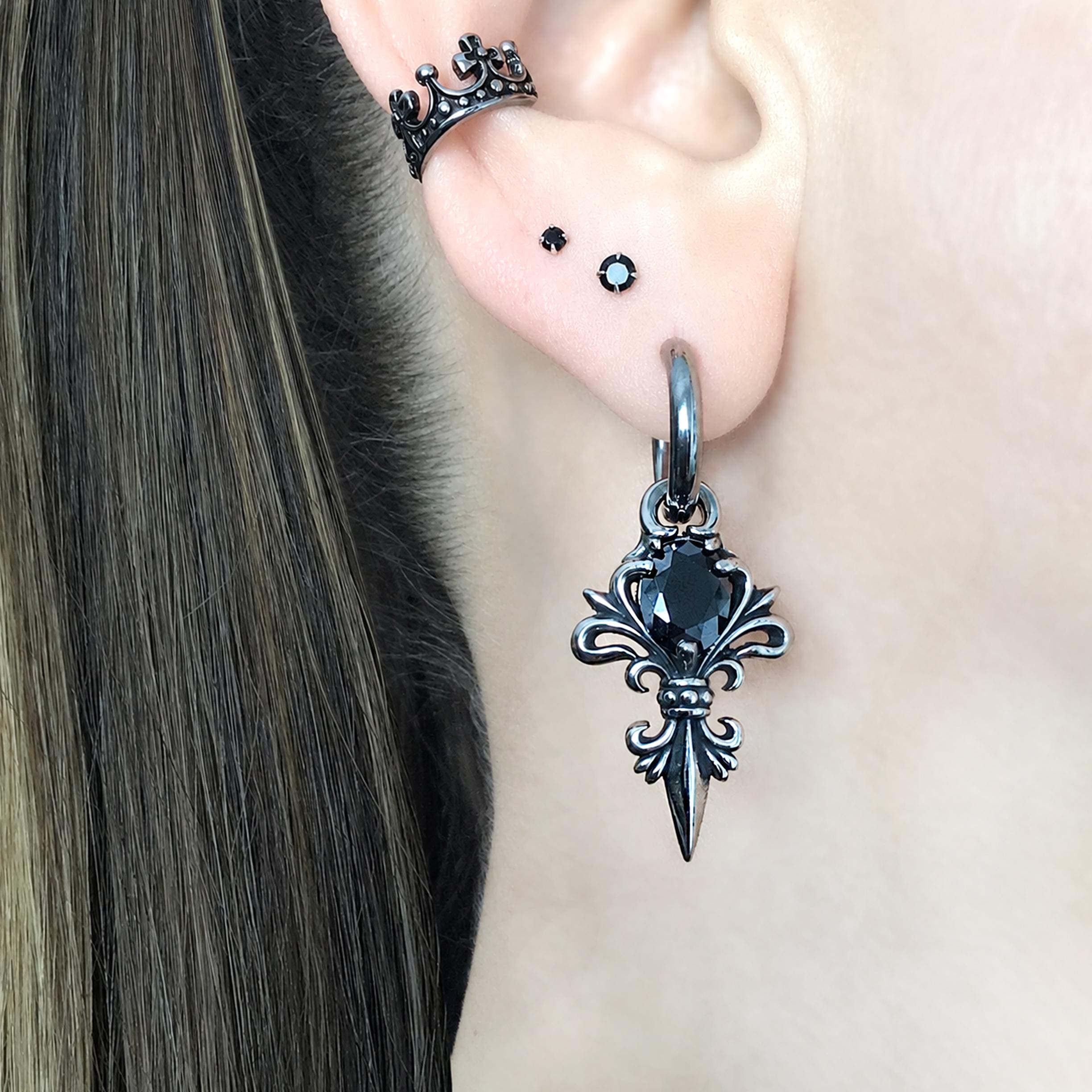 Gothic Fleur De Lis Hoop Earrings, Stainless Steel Earrings with Black…