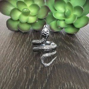 May include: A silver snake ring with a coiled body and a raised head. The ring is made of metal and has a detailed design.