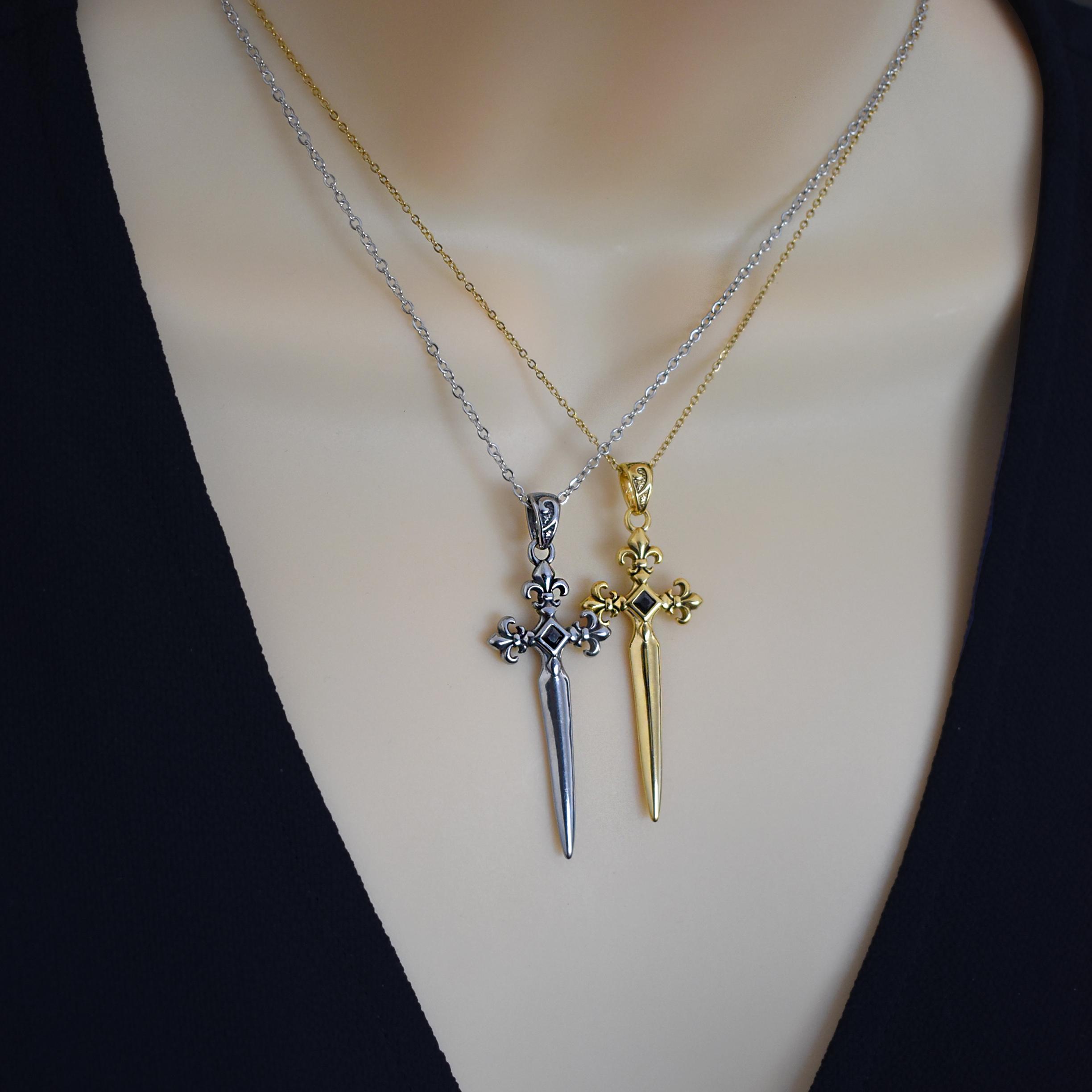 Sword Necklace, Black CZ Stone Dagger Pendant, Goth Stainless