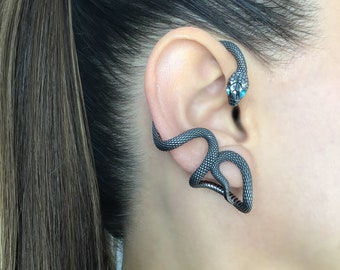 Snake Ear Wrap With Aquamarine Eyes, Serpent Earring,gothic
