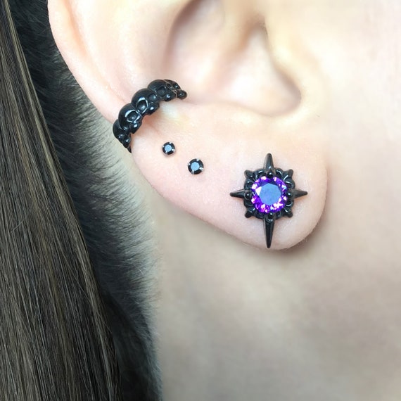 Purple Star Earrings, Starburst Earrings, Star Studs, Black