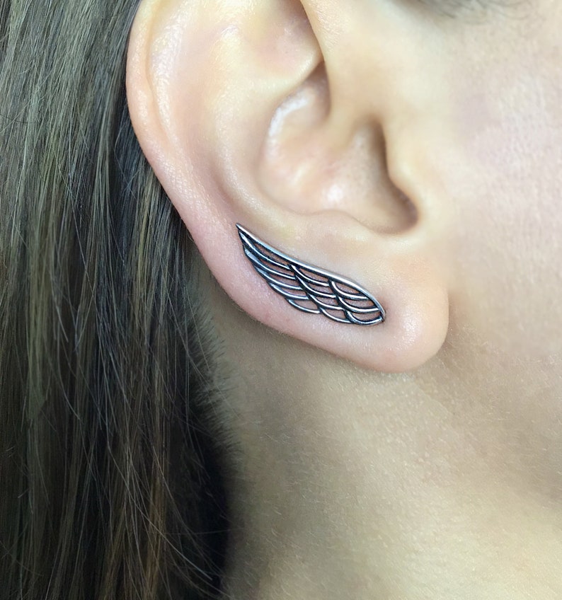 Angel wings crawler earrings, Angel wings earring, Wings earrings, Gothic earrings, ear crawler, ear climber, angel wings jewelry image 1