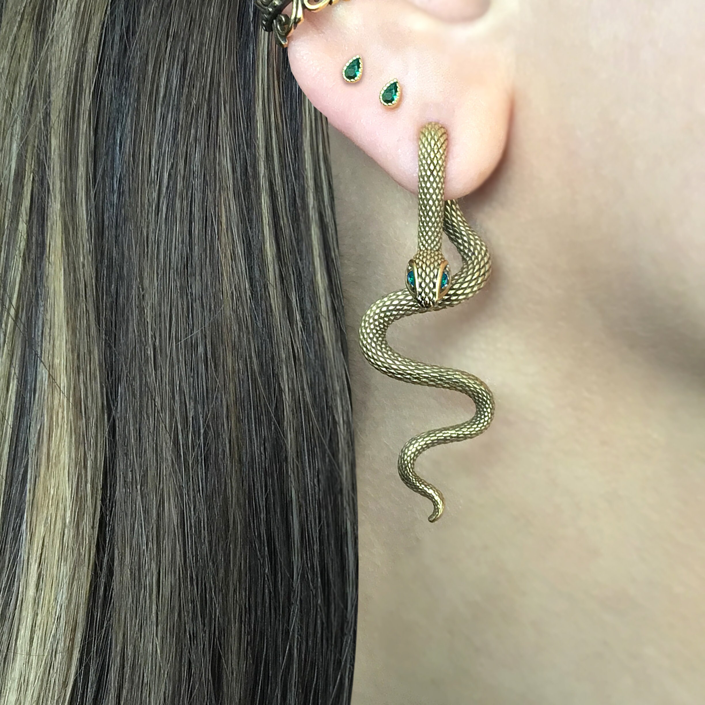 Emerald Eyes Snake Earrings, Front Back Earrings, Snake Earrings