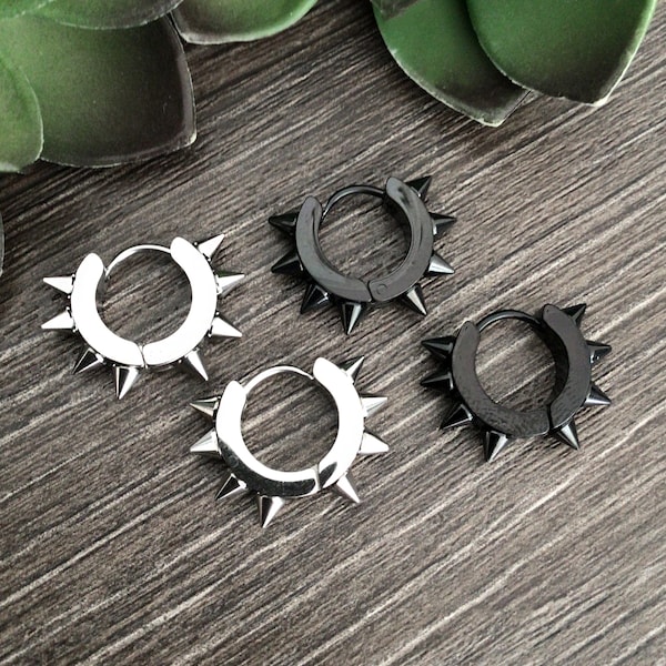 Spike-oorbellen, zwarte hoepels, spike-oorbellen, stekelige hoepels, gotische sieraden, herenhoepels, punkoorbellen, zwarte oorbellen
