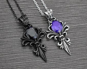 Gothic Fleur-de-Lis Stainless Steel Necklace, Black and Purple Stone Pendant