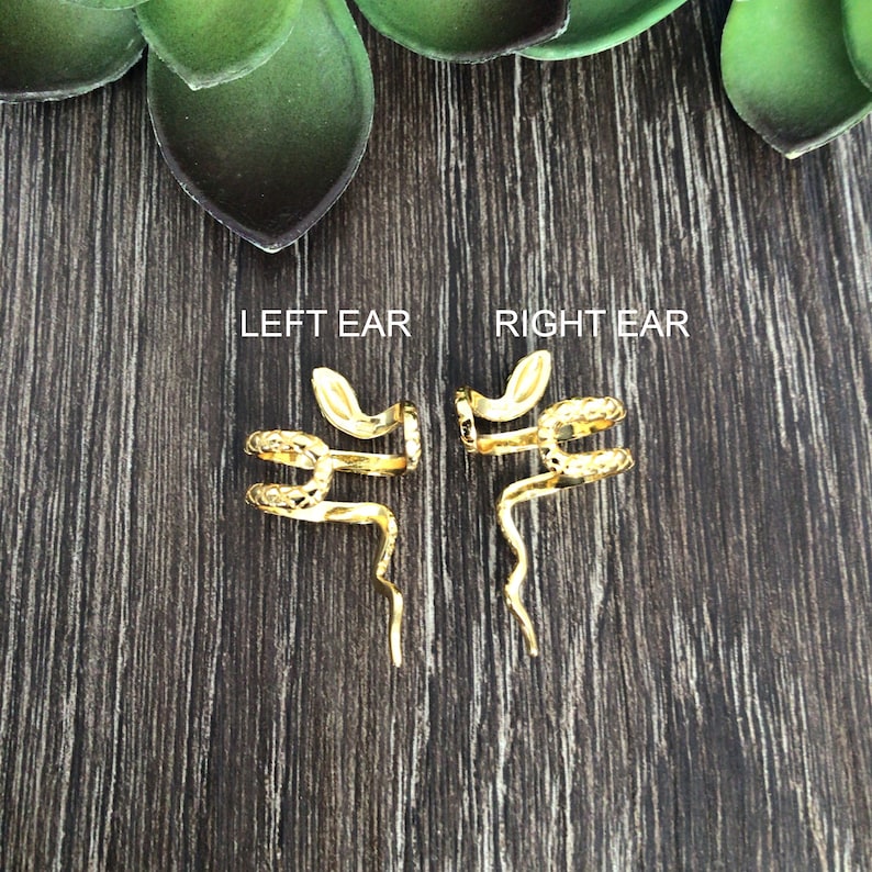 Puede incluir: Un par de pendientes de serpiente de oro. Los pendientes est&aacute;n dise&ntilde;ados para envolverse alrededor de la oreja y tienen un dise&ntilde;o de serpiente. El texto "LEFT EAR" y "RIGHT EAR" est&aacute; impreso en la superficie de madera.