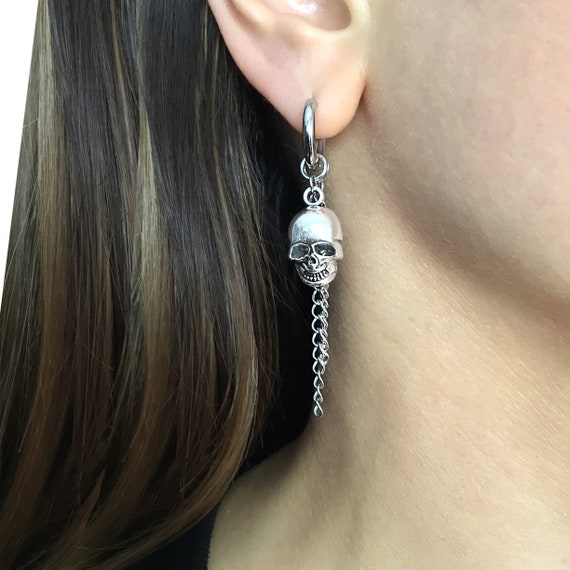 silver skull earrings Gothic skull charms silver hoop earrings