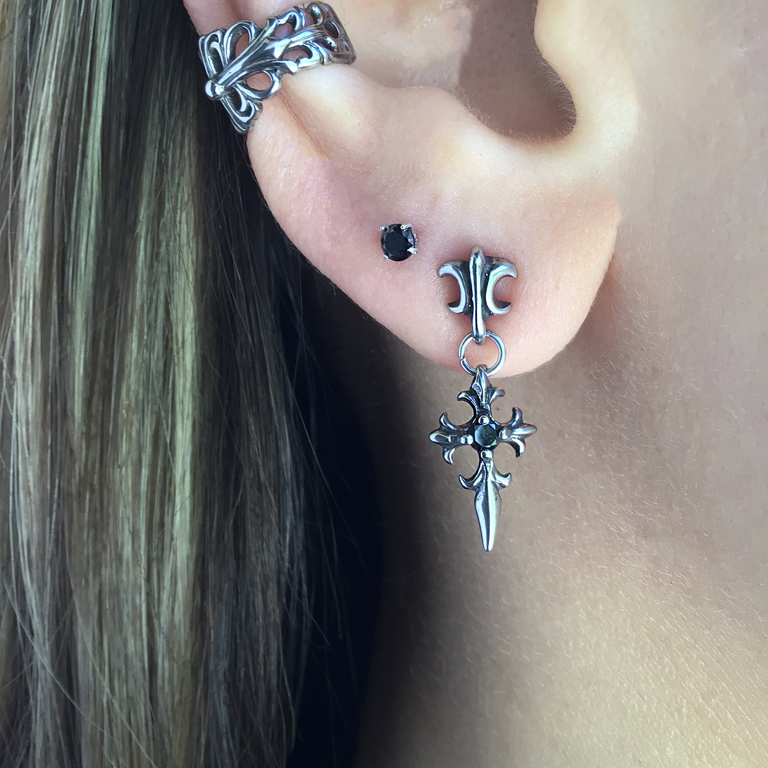 Stainless Steel Cross Dagger Stud Earrings, Gothic Biker Jewelry