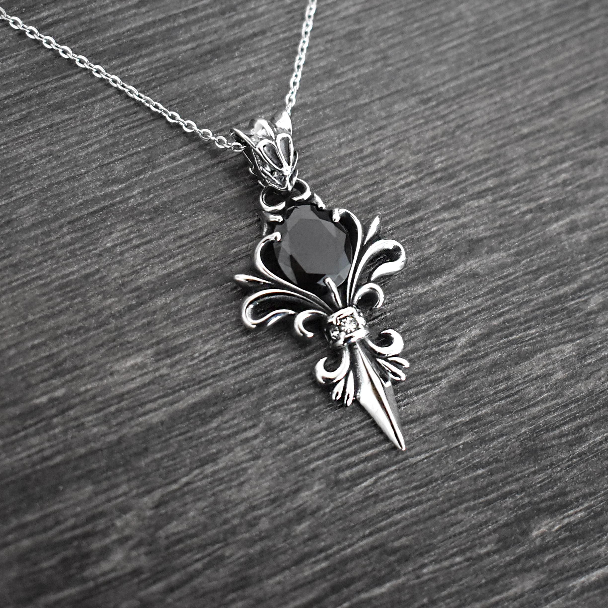 Gothic Fleur-de-lis Stainless Steel Necklace, Black and Purple