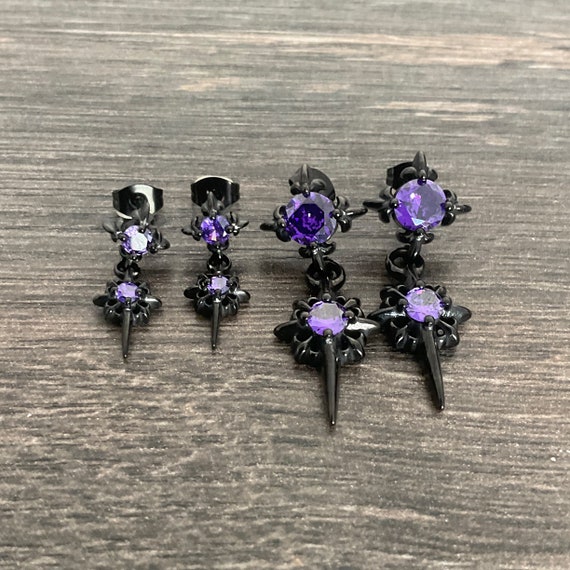 Starburst Earrings With Purple CZ, Star Earrings, Gothic