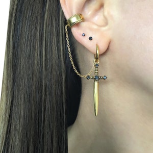 Sword earring with Ear cuff , dagger earring, sword hoop earring, hoop with cuff, gothic earring, ear cuff, earring with ear cuff, sword image 3
