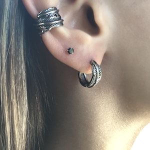 Feather hoop earrings, hoop earrings, feather hoops, feather earrings gothic jewelry, mens hoops, oxidized feather earrings