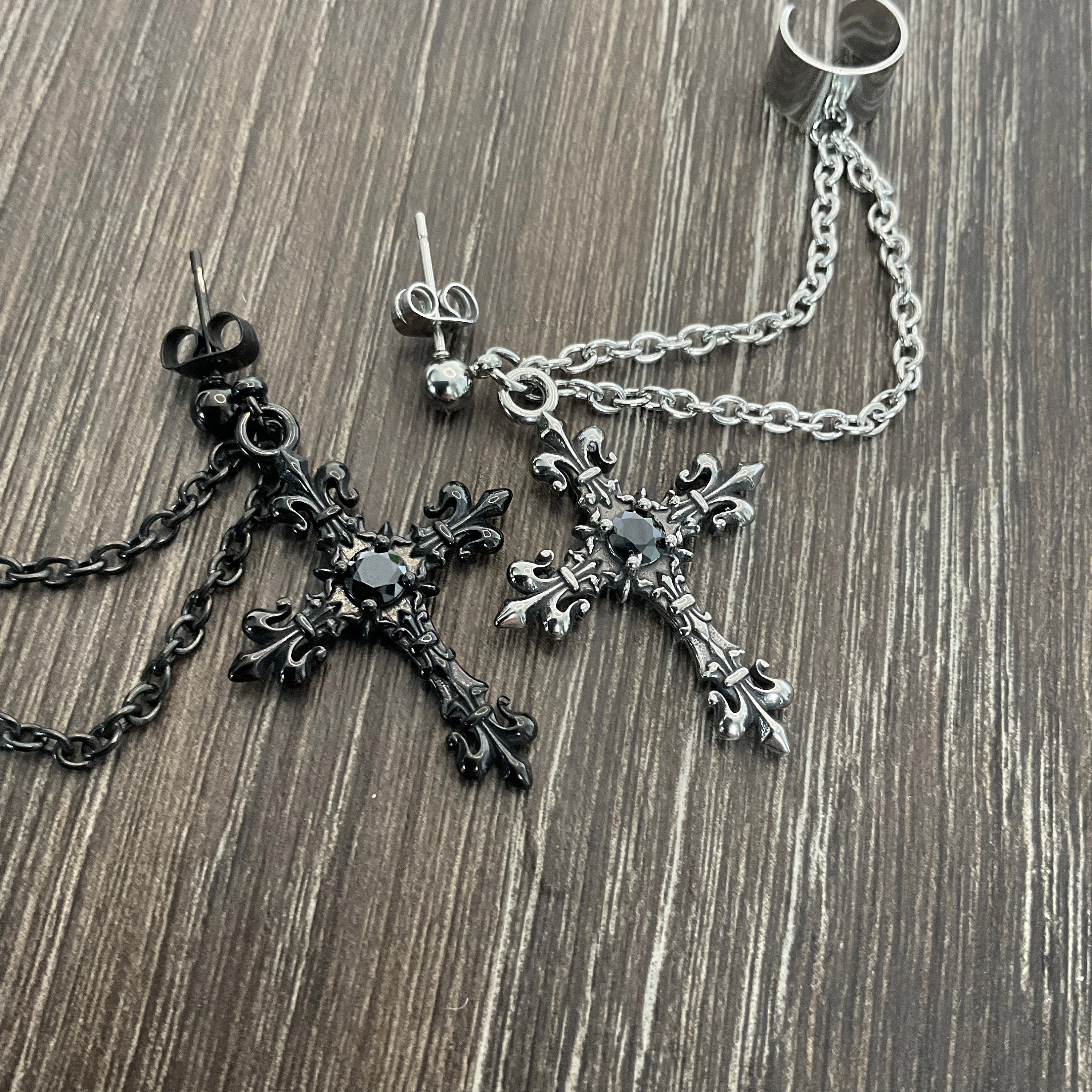 Long Dangle Skull & Cross Black Bead Goth Earrings - Handmade, Pair, New With Tags