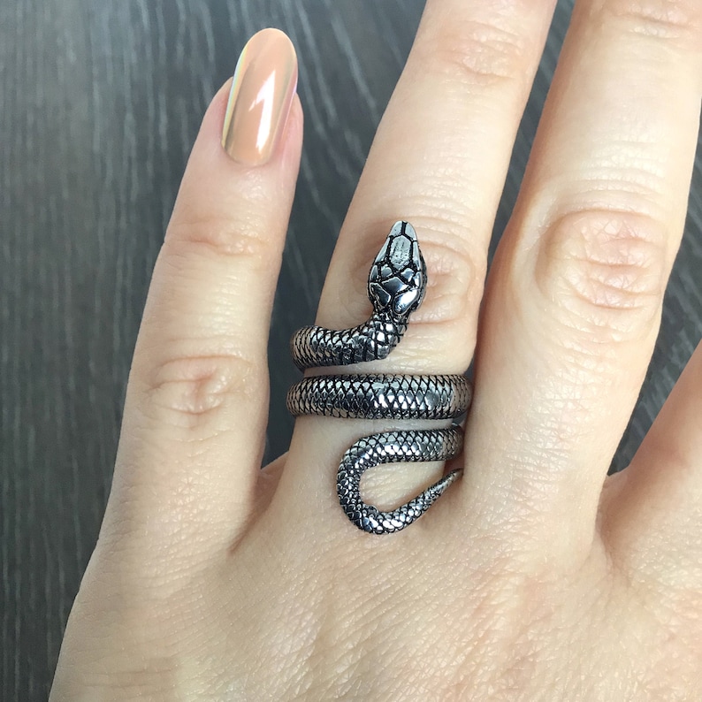 May include: A silver snake ring with a coiled design. The snake's head is raised and has a detailed texture.