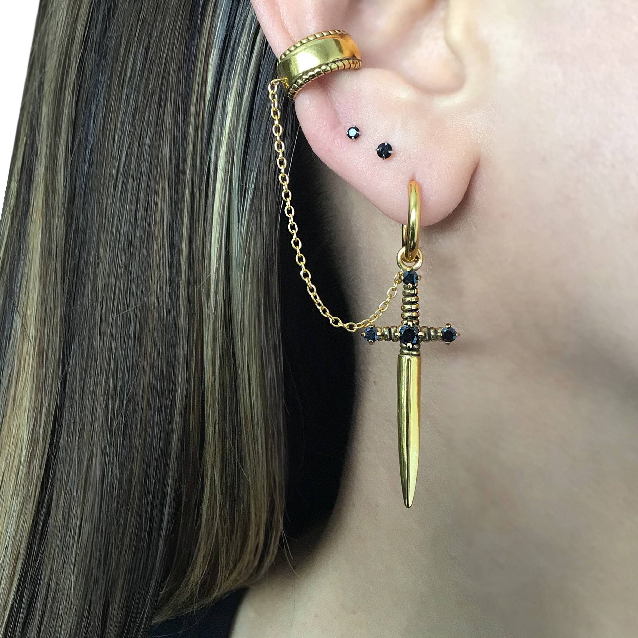 Sword Earring With Ear Cuff , Dagger Earring, Sword Hoop