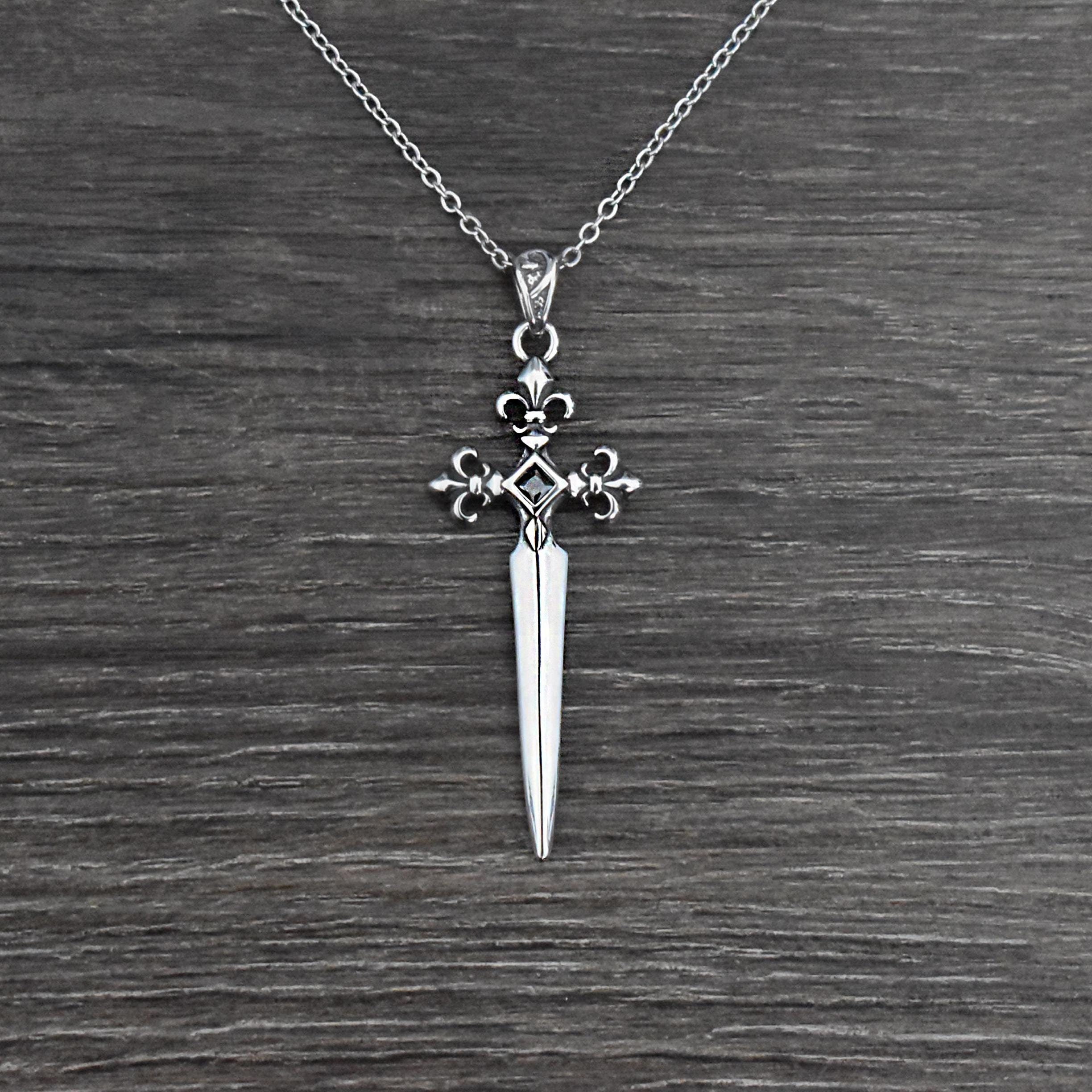 Sword Necklace, Black CZ Stone Dagger Pendant, Goth Stainless