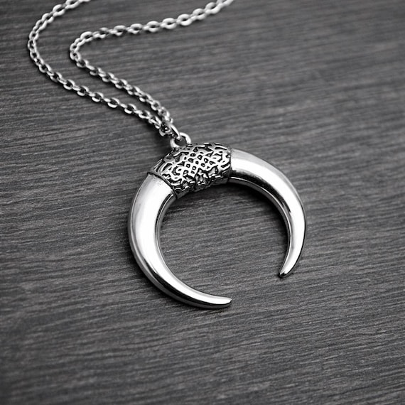 Celtic Horn Pendant Necklace, Stainless Steel Crescent Jewelry