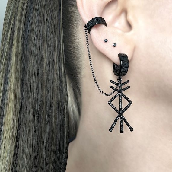 Rune hoop earrings with Ear cuff , Rune earring, rune hoop earring, hoop with cuff, celtic earring, ear cuff, earring with ear cuff