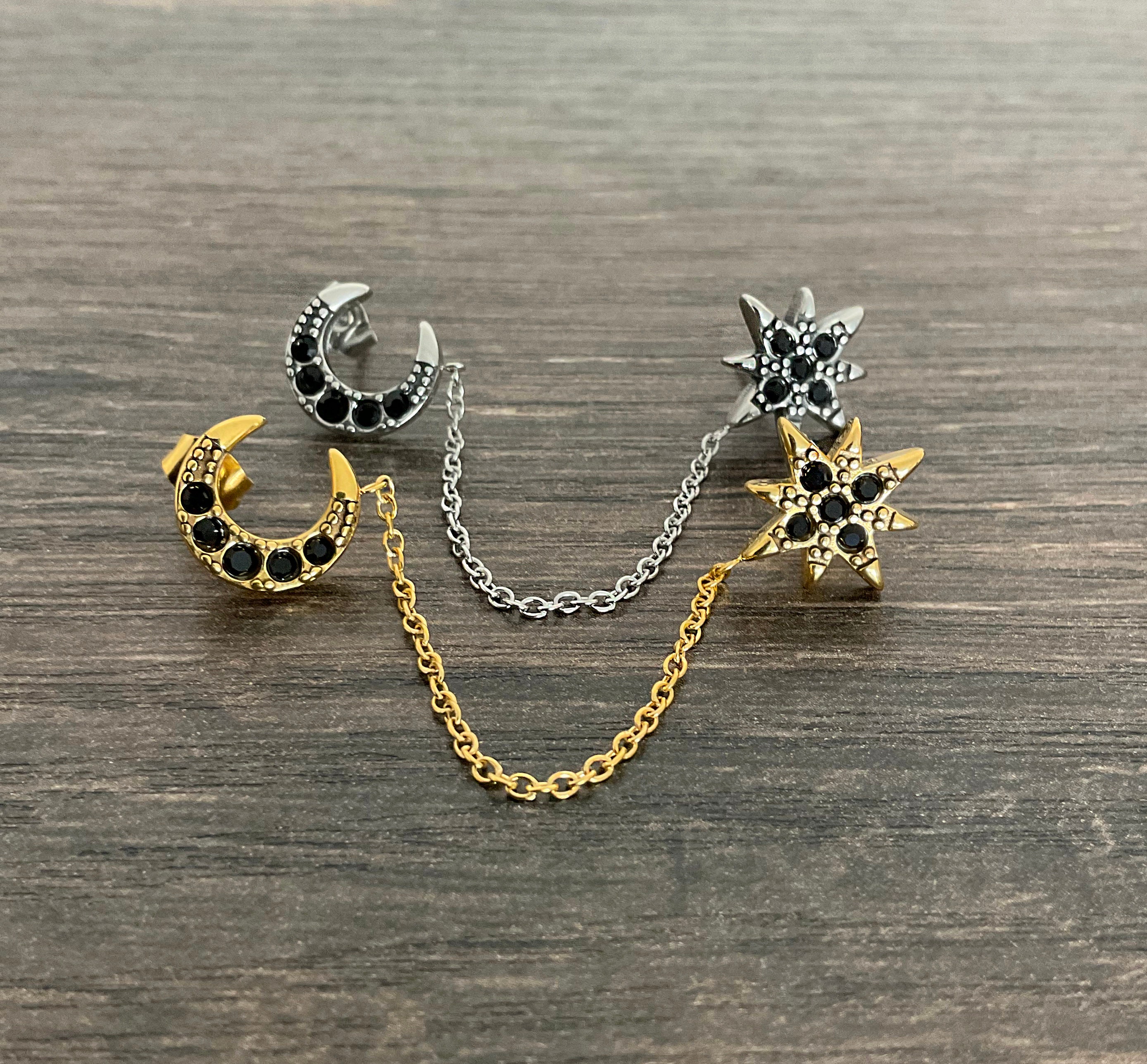 Starburst and Moon Double Piercing Earring, Black Cubic Zirconia 