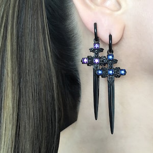Sword hoop earrings,Purple Dagger hoop earrings,Dagger earrings, hoop earrings, sword earrings, sword hoops, long sword earrings