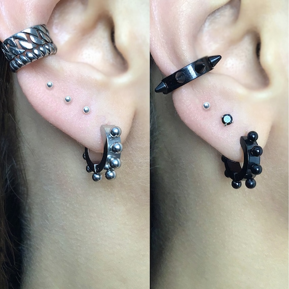 Ball Spikes Hoop Earrings, Black Hoop Earrings, Ball