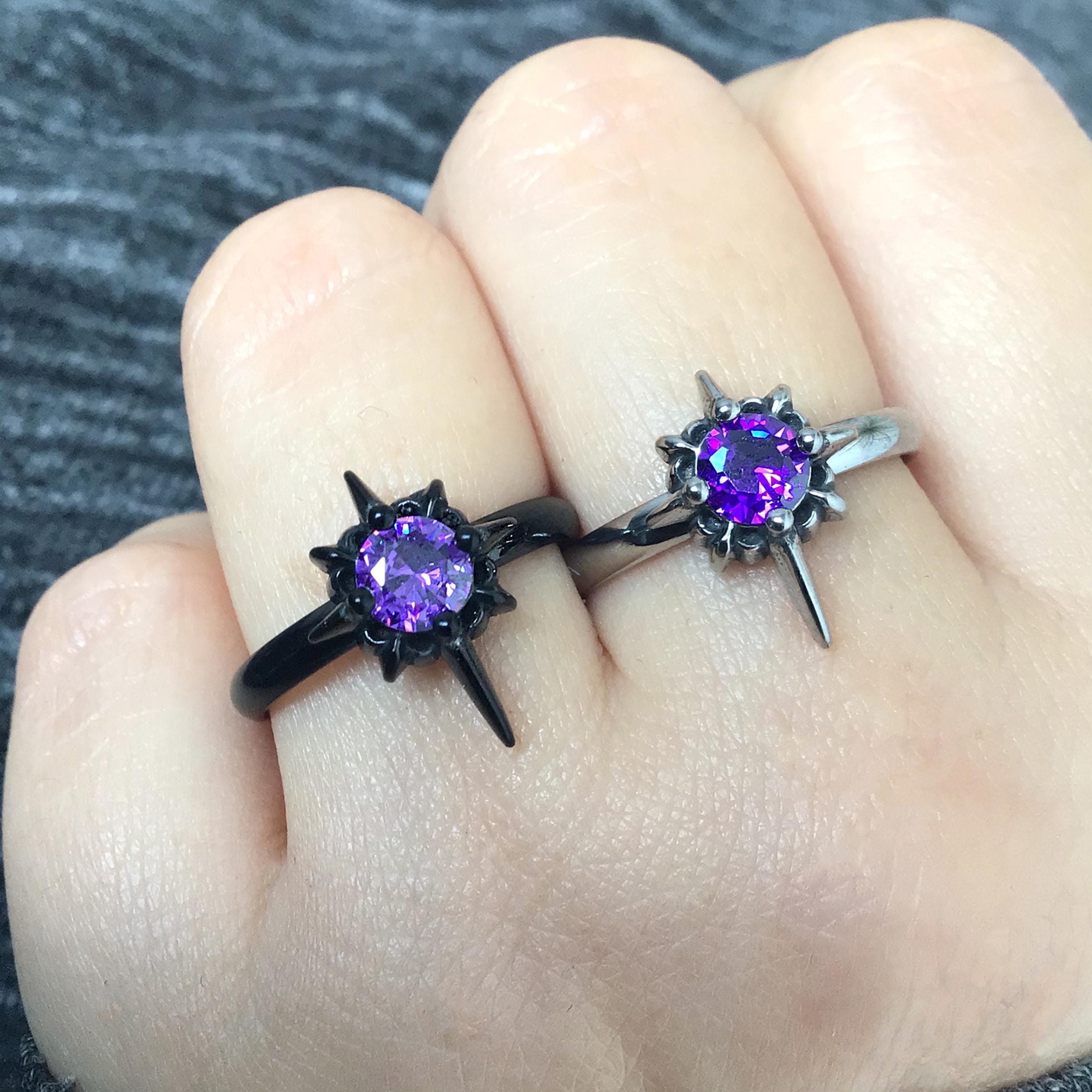 North Star ring with Purple stone ,Stainless steel Star ring ,gothic jewelry, punk jewelry, Celestial jewelry, stardust ring,Purple Cz ring