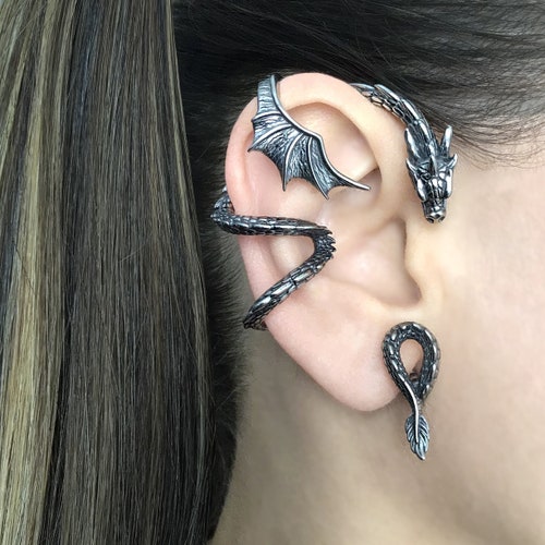 NO PIERCING Drachen Ohrmanschette mit großem Flügel, Drachen Ohrringe, Drachen Ohrmanschette, schwarzer Drache, Drachen Ohr wickeln