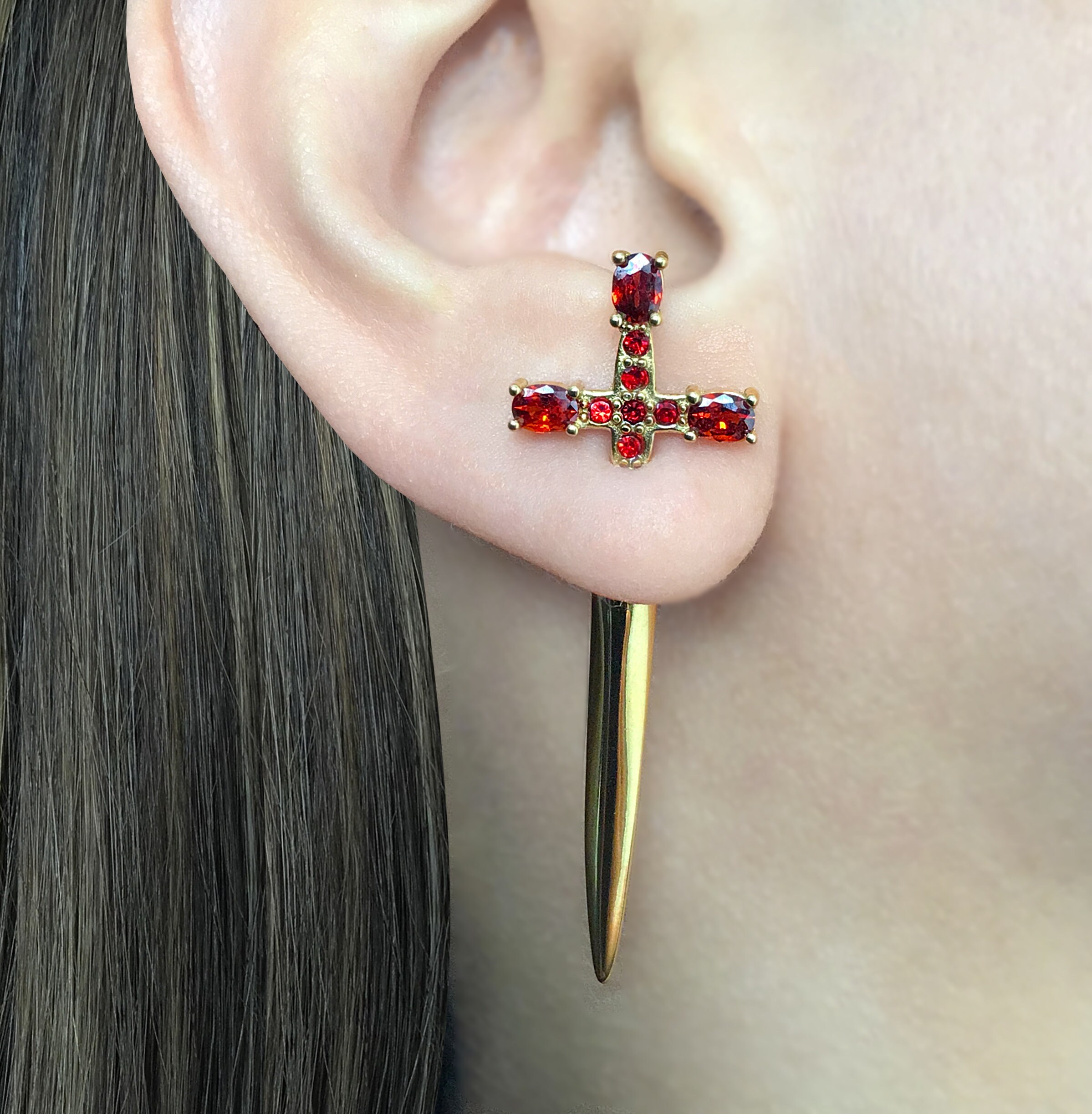 Ruby Red Sword Earrings Black Sword Dagger Earrings Front Back