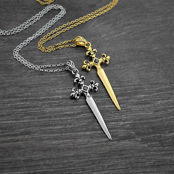 Sword Necklace, Black CZ Stone Dagger Pendant, Goth Stainless
