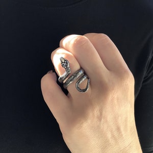 May include: A silver snake ring with a detailed design. The snake is coiled around the ring band.