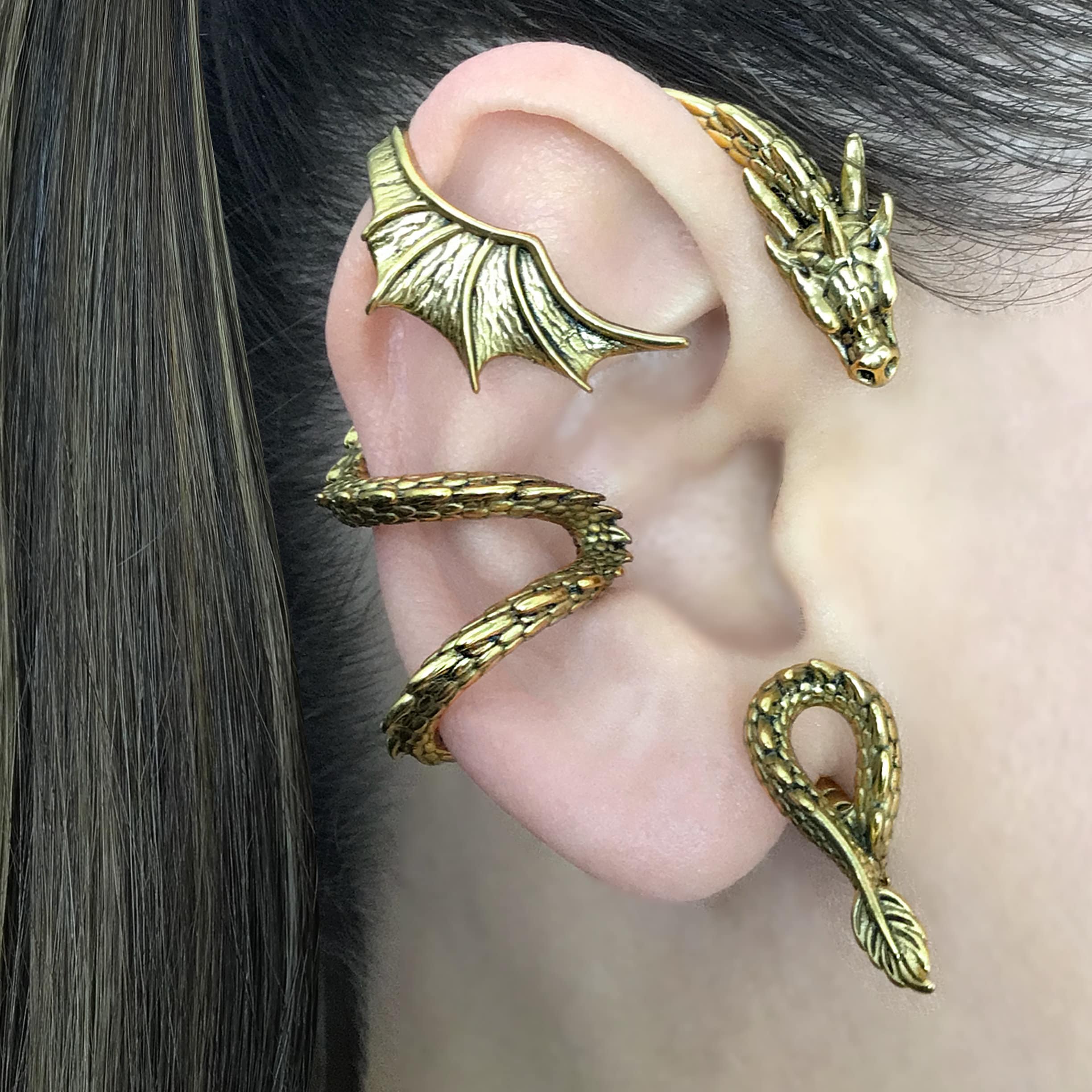 NO PIERCING Dragon cuff with large wing in Gold  Dragon earrings, Dragon ear cuff, Black Dragon, Dragon ear wrap