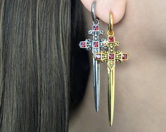 Sword Hoop Earrings with Ruby CZ stones,Dagger hoops, Goth Stainless steel jewelry