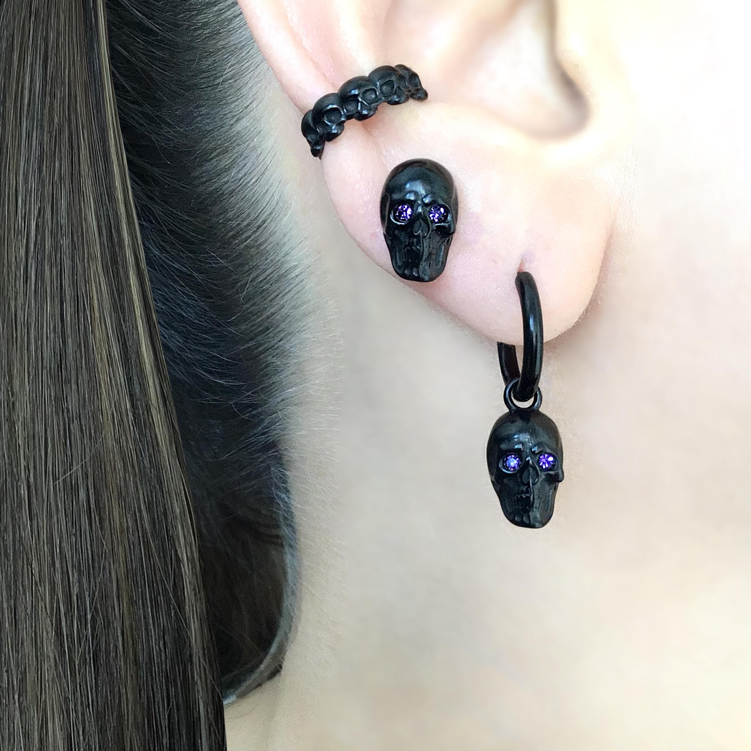 Black Skull Stud Earrings, Purple Cubic Zirconia Eyes, Stainless