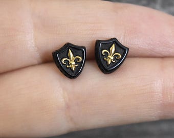 Shield earrings with Fleur de Lis, Two Tone studs, Gothic Stainless Steel