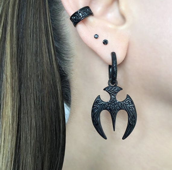 Edgy Celtic Viking Hoop Earrings, Stainless Steel Mens Jewelry