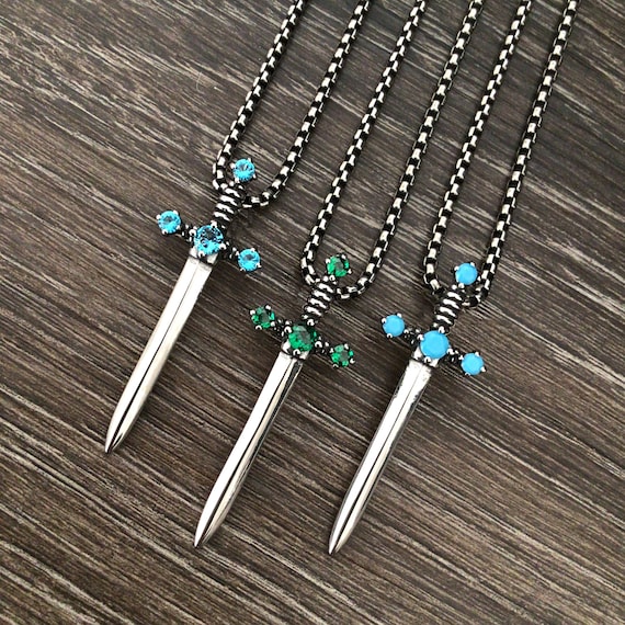 Sword Pendant with CZ stone, Dagger Necklace, Stainless Steel Unisex Jewelry