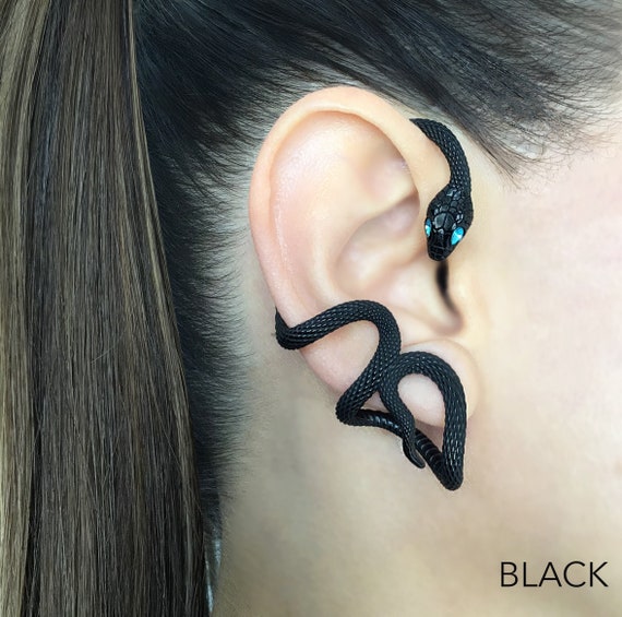 Snake Ear Cuff With Aquamarine CZ Eyes, Ear Wrap, Black Serpent