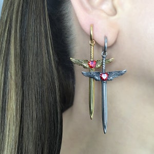 Sword hoops with angel's wings, Dagger hoop earrings,Sword with heart earrings, hoop earrings, gothic jewelry, sword earrings, sword hoops,