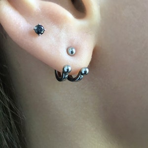 Front and back earrings, gothic jewelry, ear jacket, mens earrings, ball earrings, 3mm ball earrings jet ,black earrings, black earrings