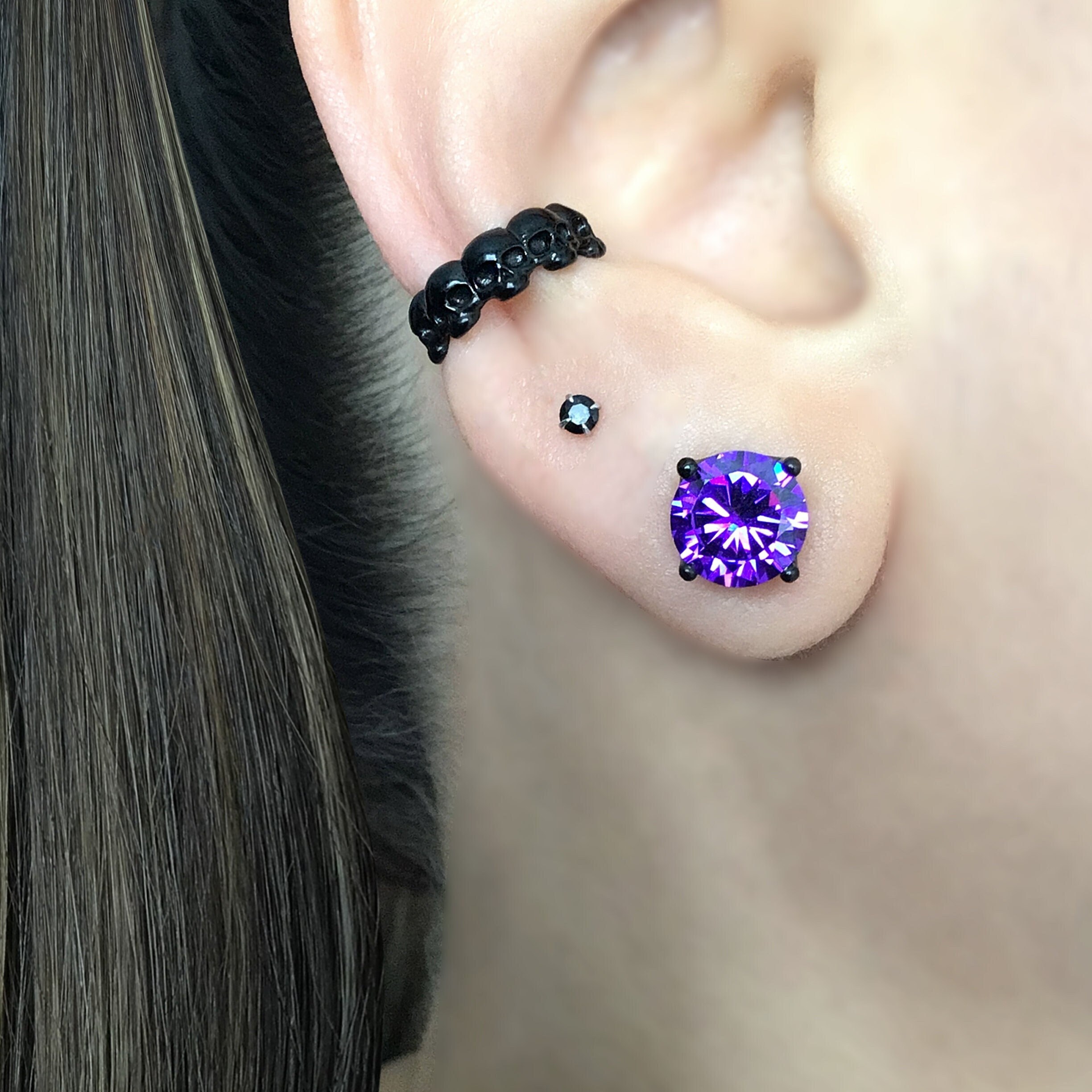 ☆人気☆【BLACKPURPLE】☆Signity symbol earring.s☆ Vintage 1980's Bronze Black Purple Resin Round Floral Fan