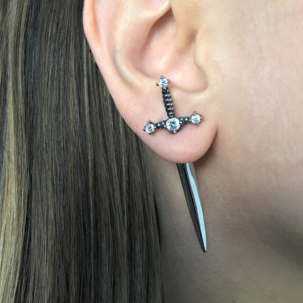 Sword earrings, dagger earrings, Front back earrings, gothic jewelry, ear jacket, sword ear jacket, dagger earrings, fake gauge earring