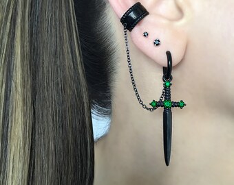 Sword Earring With Ear Cuff , Dagger Earring, Sword Hoop