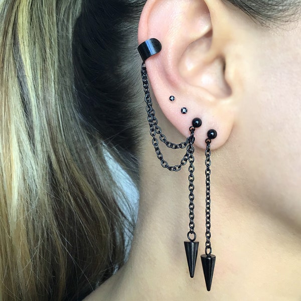 Ear cuff with spike earring, spike earrings, mismatched earrings, black earrings, gothic earrings, earring with cuff, cuff with earrings