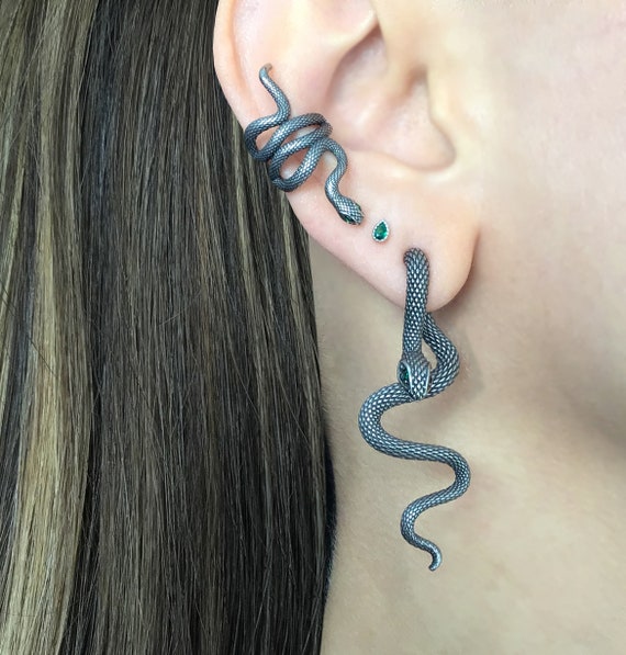 Emerald Eyes Snake Earrings, Front Back Earrings, Snake Earrings