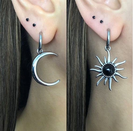 Sun and Moon mismatched earrings, Sun earrings, Moon earrings, celestial jewelry, sun earrings, crescent moon , moon jewelry, sun jewelry