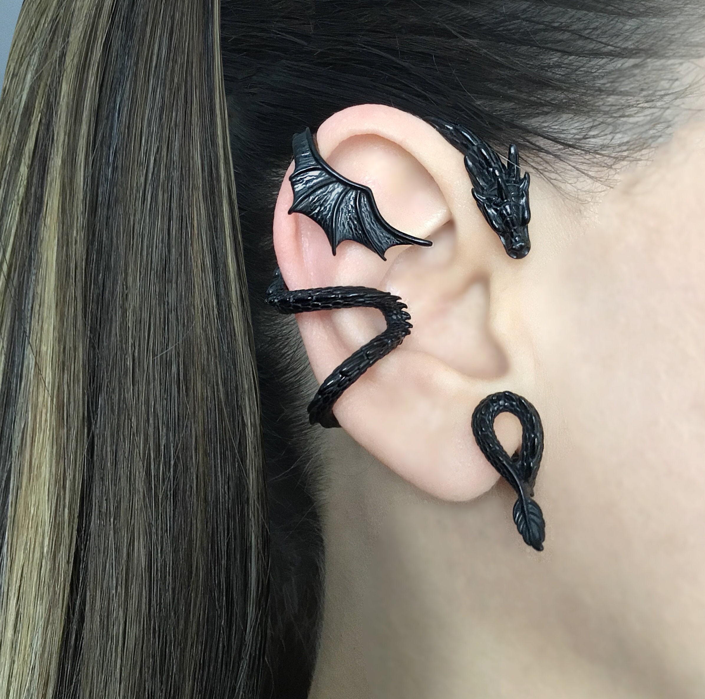 Enveloppe d'oreille ailes de dragon en acier, gothique, fantasy, fantastique